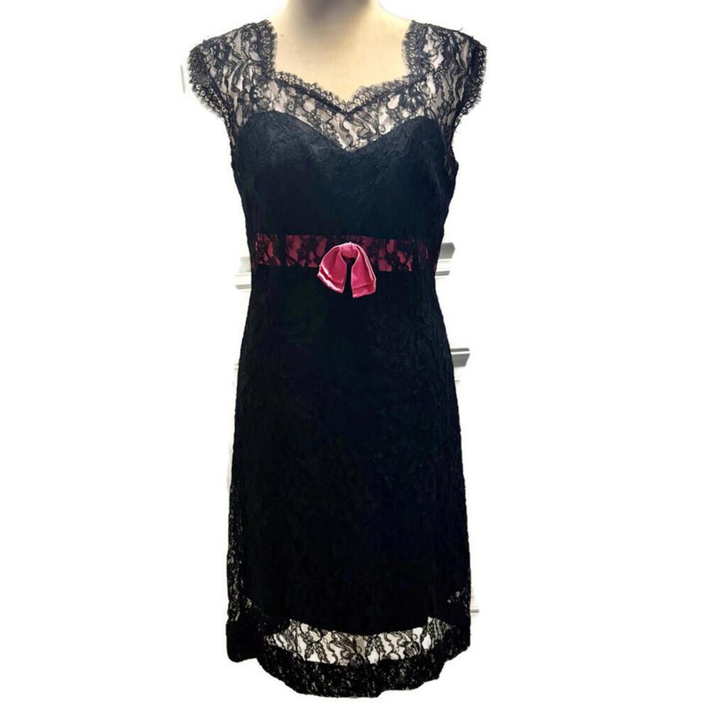 Vintage 60's Black Illusion Lace Coquette Midi Dress w/ Satin Bow Retro Mod Glam